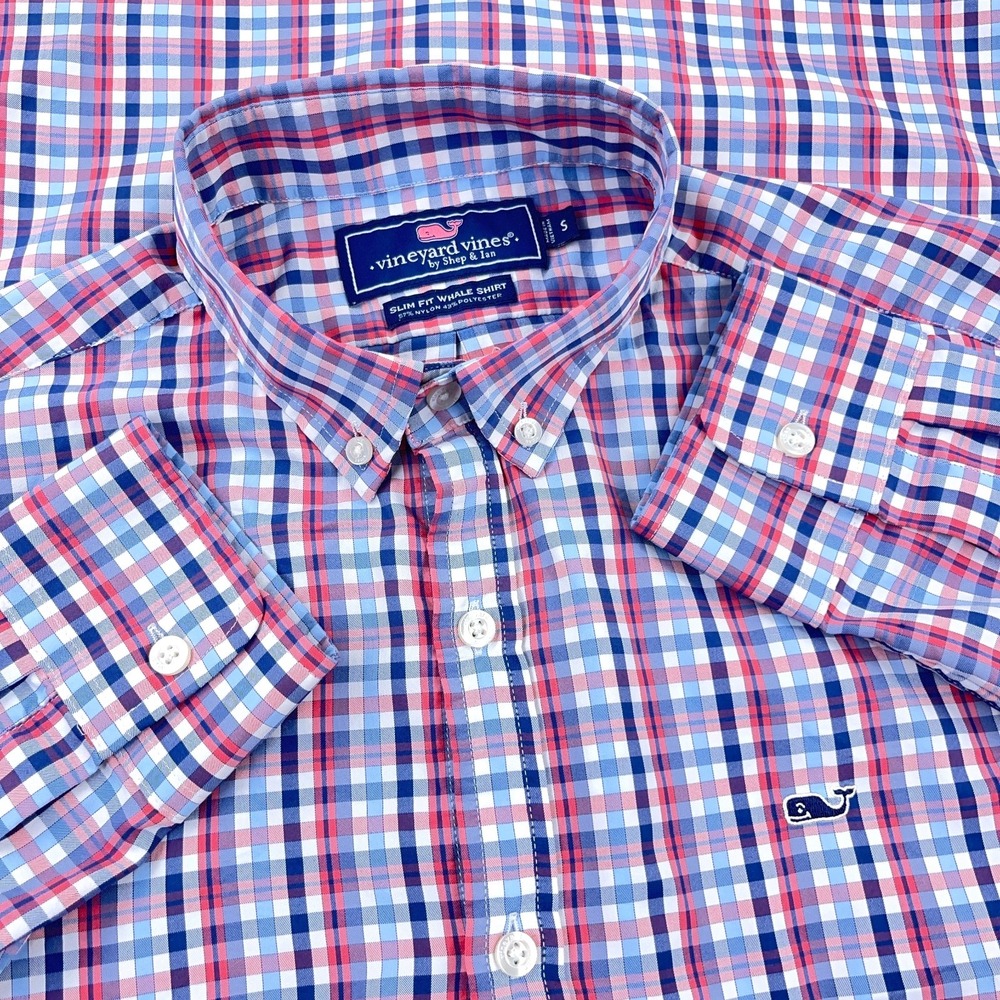 Vineyard Vines Shirt Men Small Blue Pink Performance Button‎ Up Nylon Slim Fit